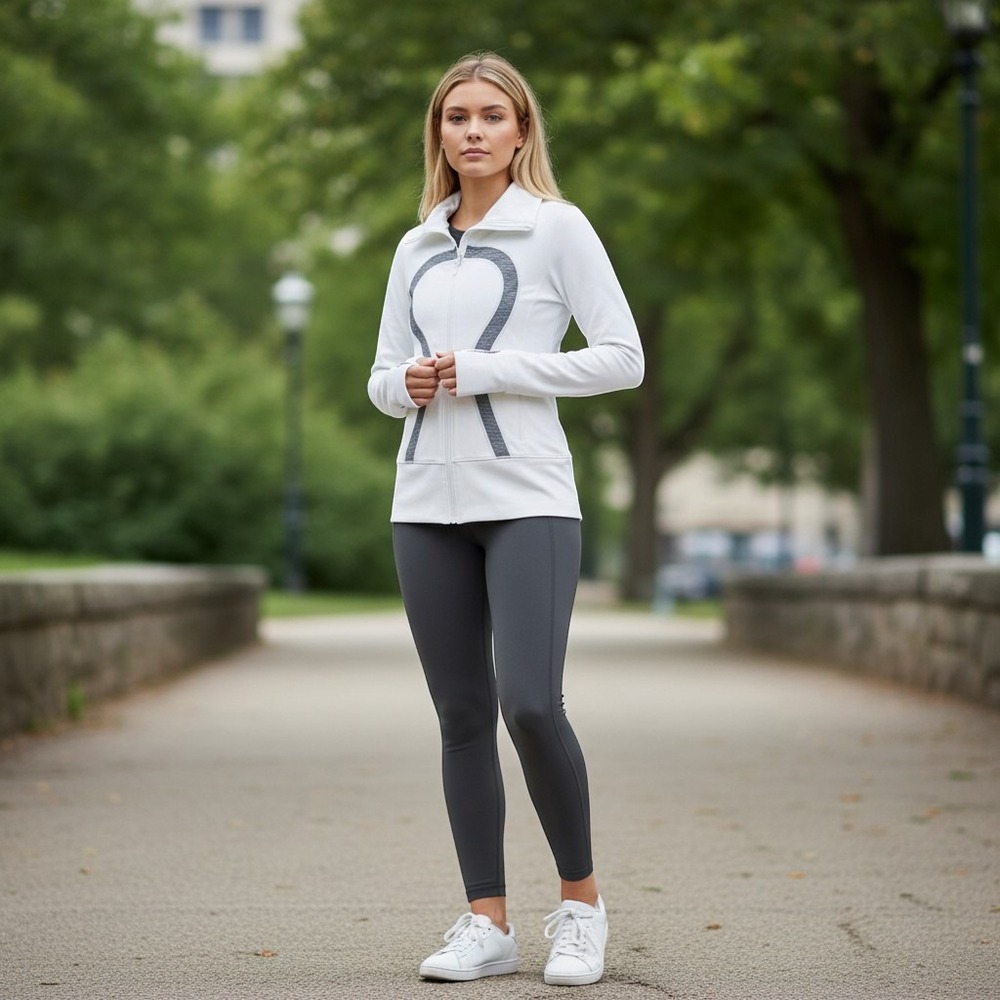 Lululemon Full Zip Jacket Women Size 6 White Charcoal‎ Gray Logo Thumbholes